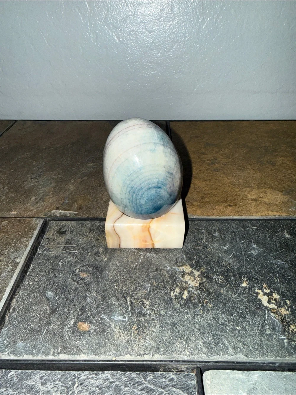 Vintage Polished Stone Egg Set Purple and Banded Blue with Display Stand